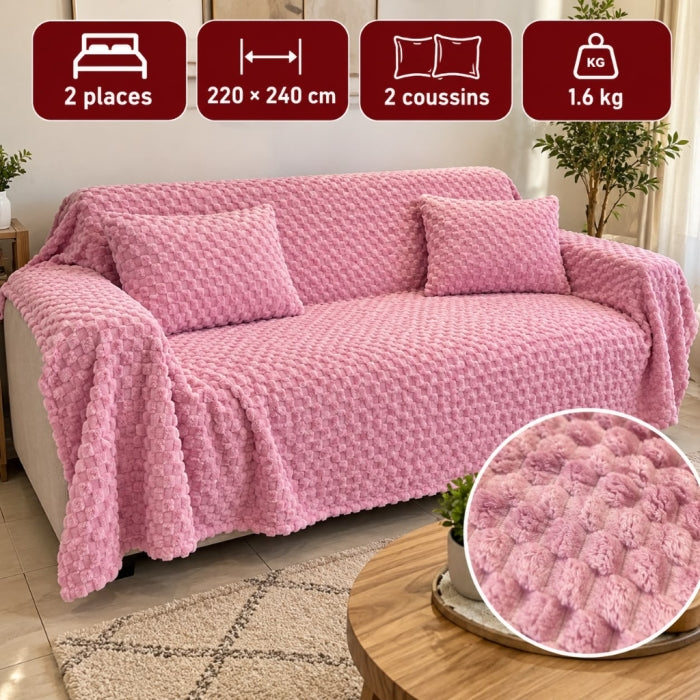 Ensemble Plaid Velours Rose Caress 240×220 cm avec 2 Coussins